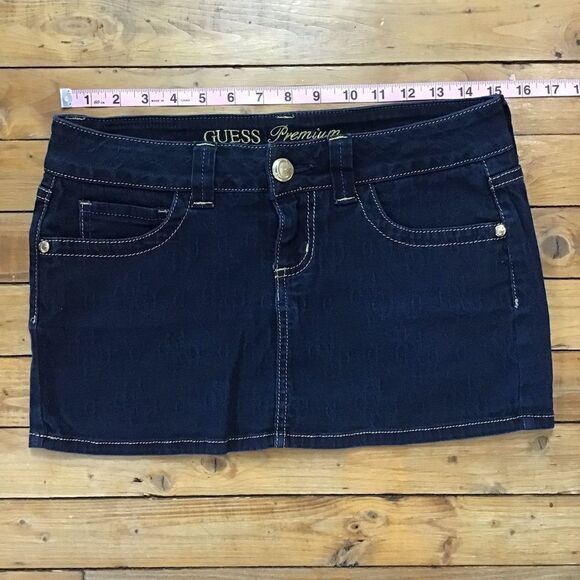 GOLD Premium Guess denim mini skirt dark blue gold sexy low rise in size 28 - Picture 13 of 16